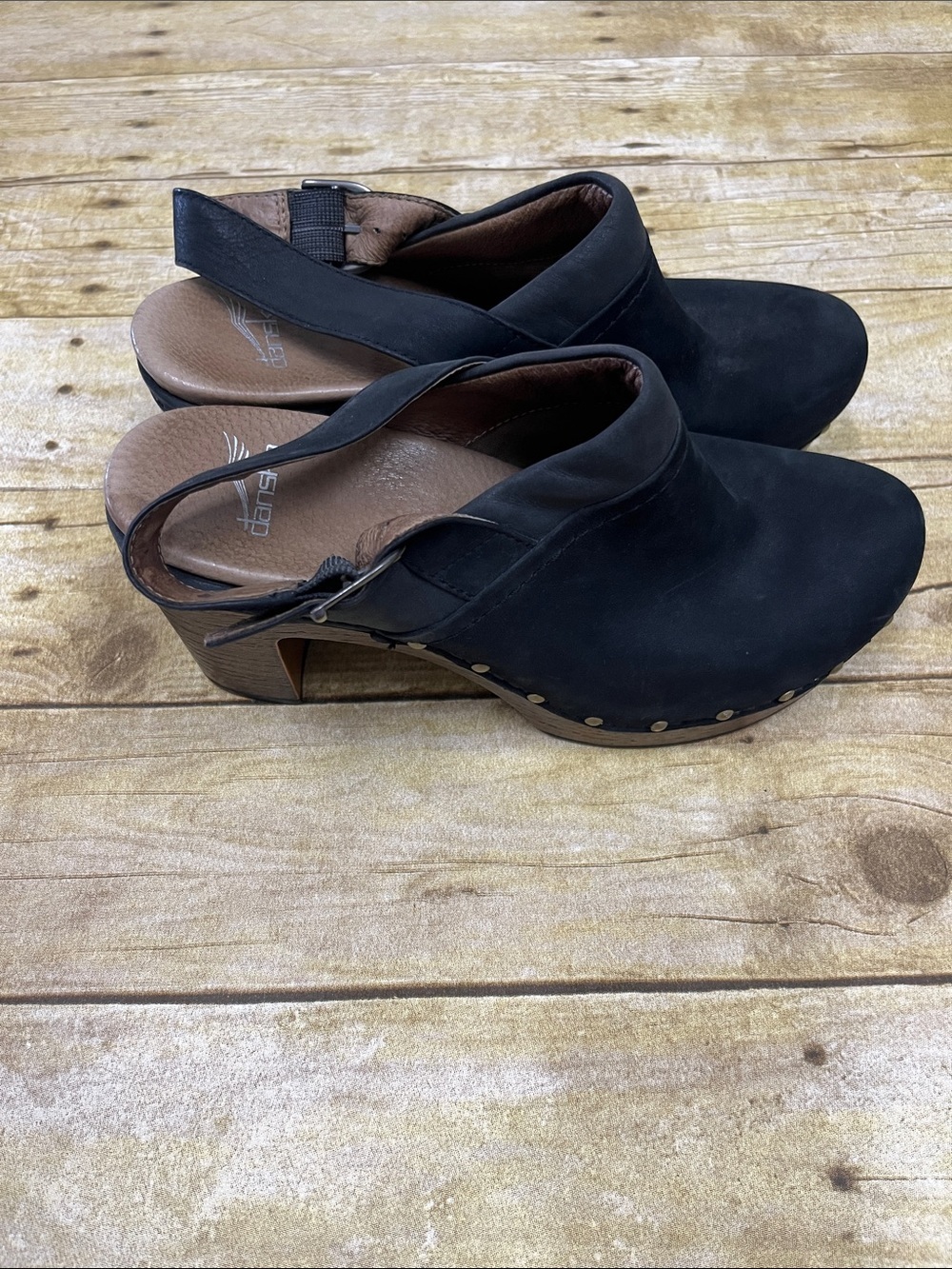 Dansko Black Leather Slingback Clogs with Wood-Look Sole size 8.5/9